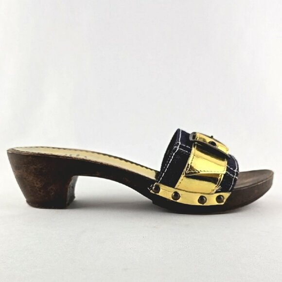 Faith Women's Gold Denim Slip On Upper Buckle Strap Mule Sandal Sole Size 6 - Picture 2 of 16